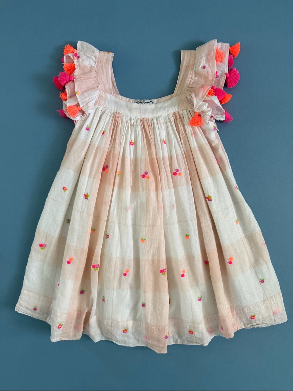Nellystella Chloe Ditzy Pink‎ Stripe Embroidered Tassel Cotton Girls Dress